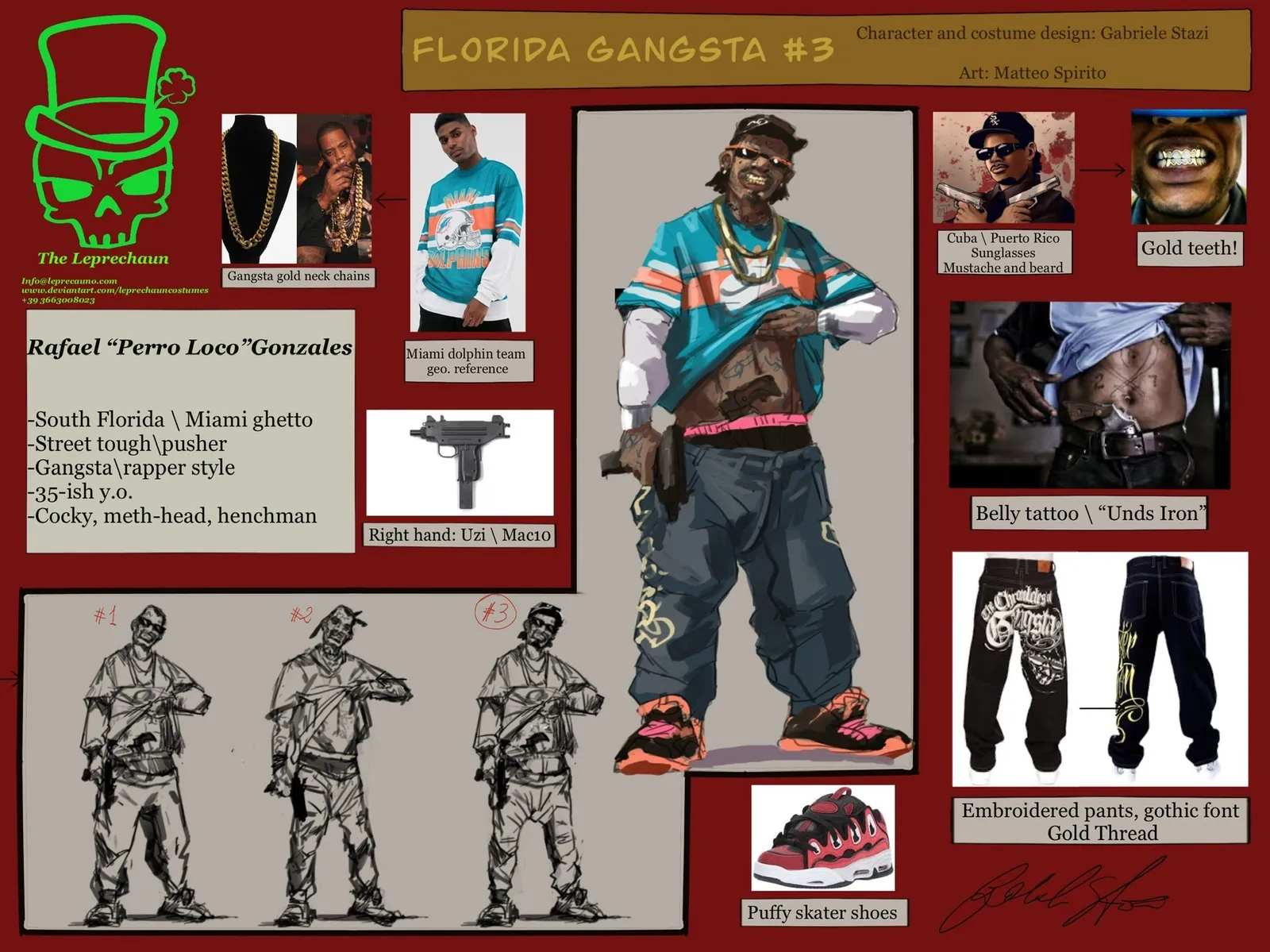 Costume design sheet for a character called Florida Gangsta, with illustrations and notes